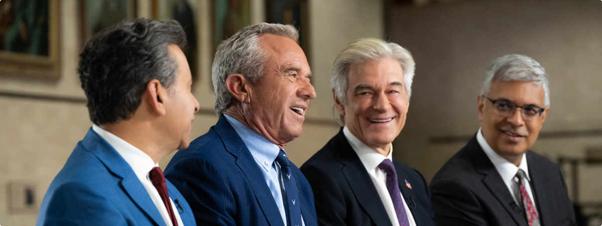 Photo of Martin A. Makary, MD, MPH, Robert F. Kennedy Jr., Mehmet Oz, MD, MBA, and Jay, Bhattacharya, MD, PhD.